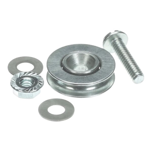 A Blodgett 71910 spring wheel kit consisting of a metal wheel, bolt, nut, and washers.