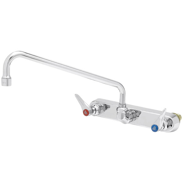 A T&S chrome wall mount faucet with two handles and a swing nozzle.