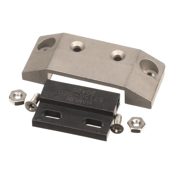 A reed switch actuator kit with a metal bracket, black plastic component, screws, and nuts.