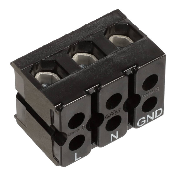 A black three-position terminal block labeled L, N, and GND for electrical connections.