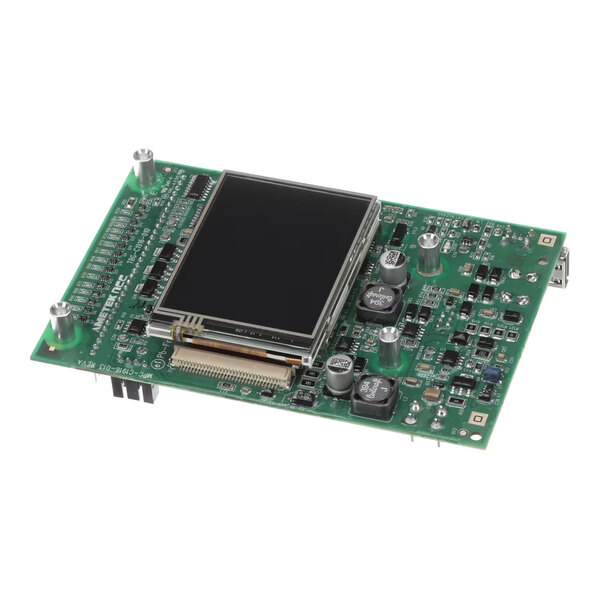A green electronic control board with a mounted display screen and various electronic components.