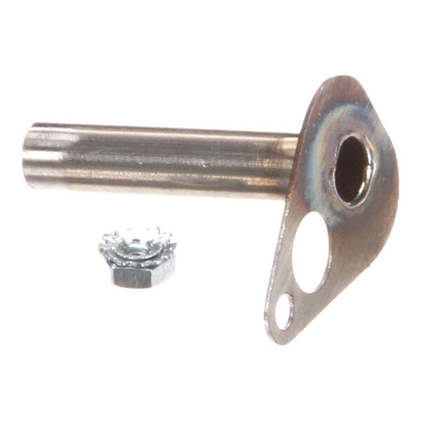 A metal tube weldment with a mounting flange and an accompanying nut.