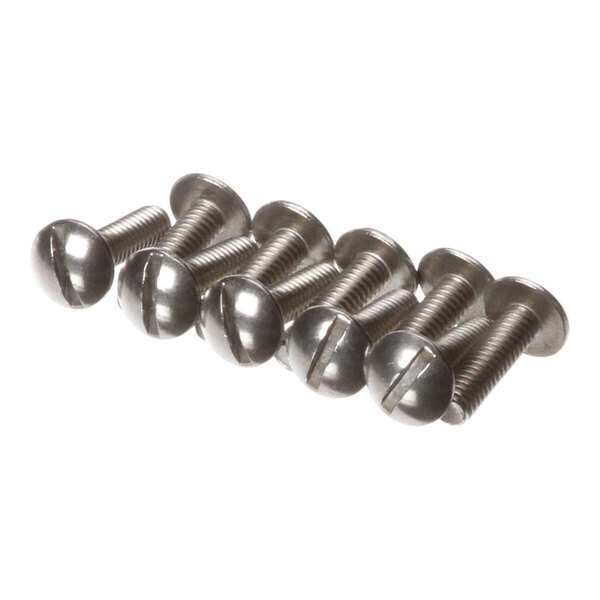 A set of six stainless steel slotted round head machine screws, size #8-32 x 5/8 inch.