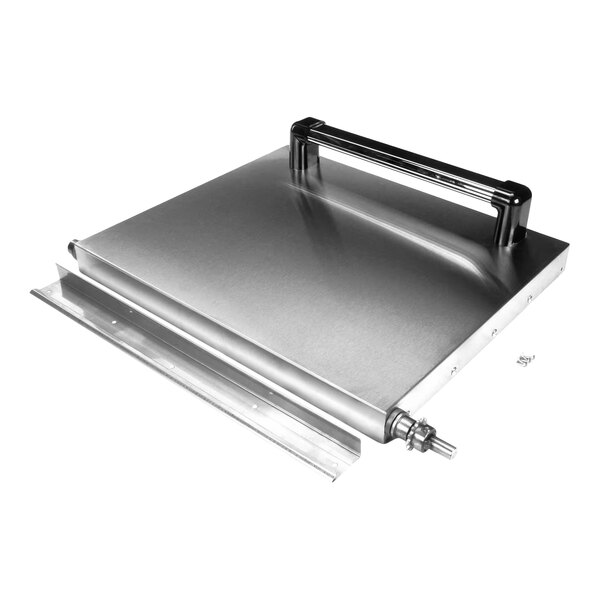 A stainless steel solid door assembly with a black handle and metal fittings.