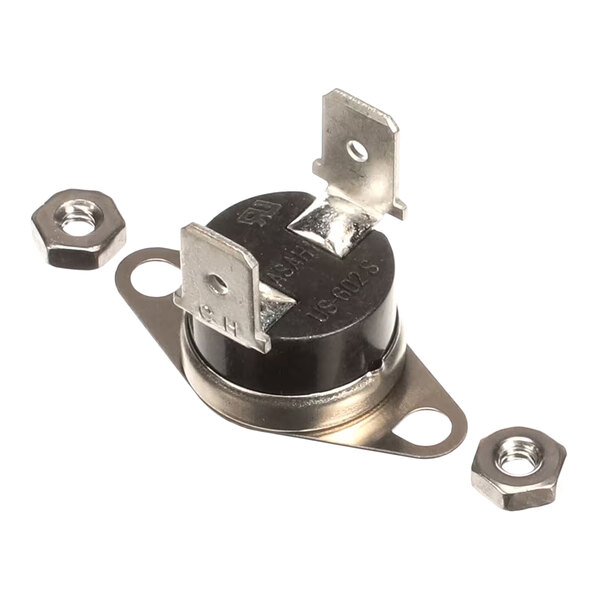 A metal snap switch kit with two mounting holes and two electrical terminals, accompanied by two hex nuts.