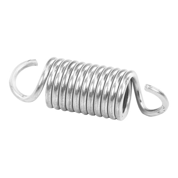 A metal extension spring with coiled body and hooks on both ends.