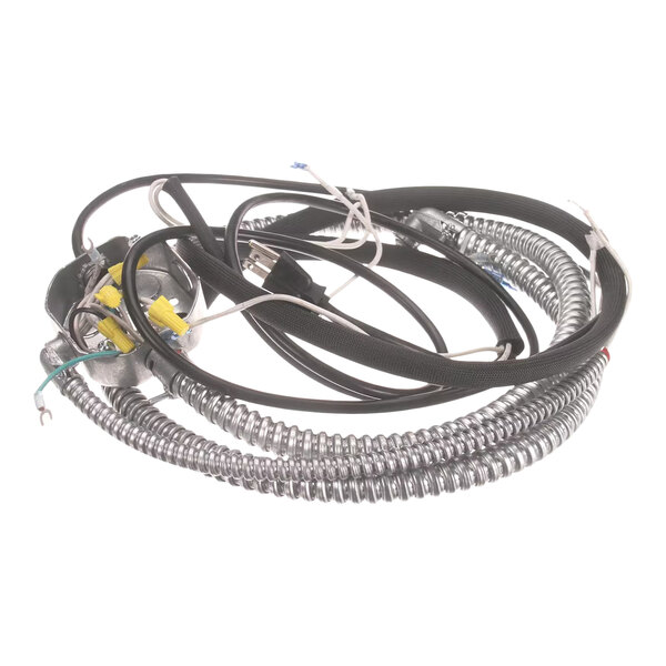 A metal wiring harness with coiled and insulated cables, connectors, and terminals.