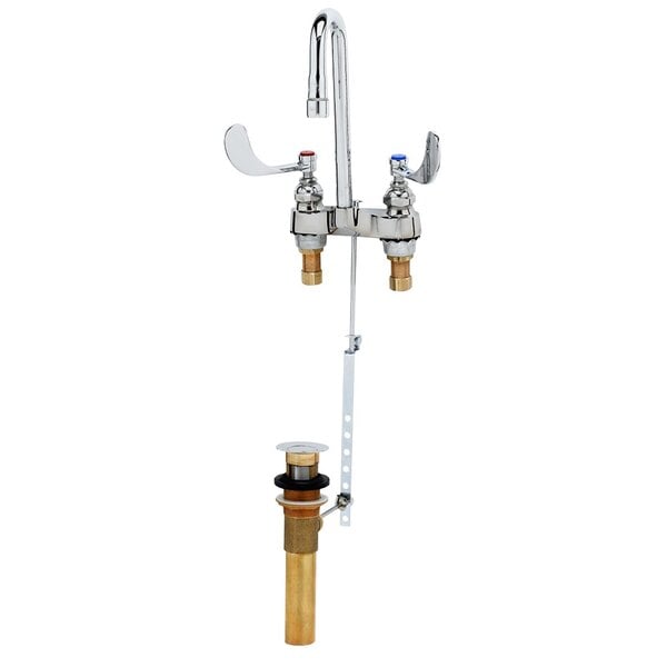 A chrome T&S deck mount medical faucet with gooseneck spout and wrist action handles.