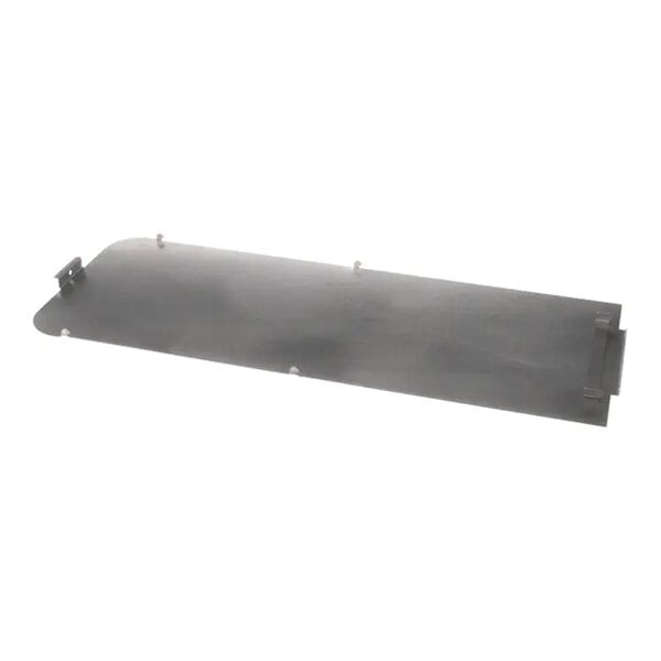 A rectangular metal control panel weldment with mounting brackets and rounded edges.