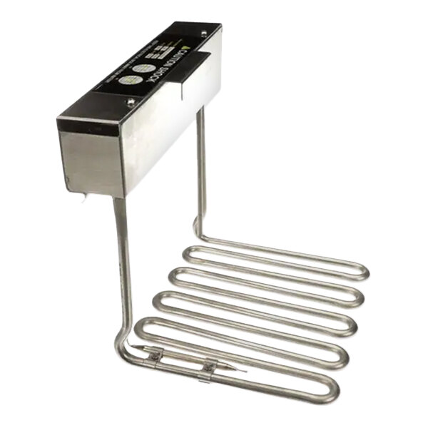 A stainless steel heater assembly with a rectangular control box and coiled heating element, designed for commercial kitchen equipment.