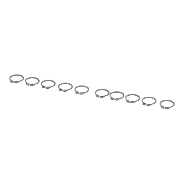 A set of ten metal retaining rings arranged in a row.