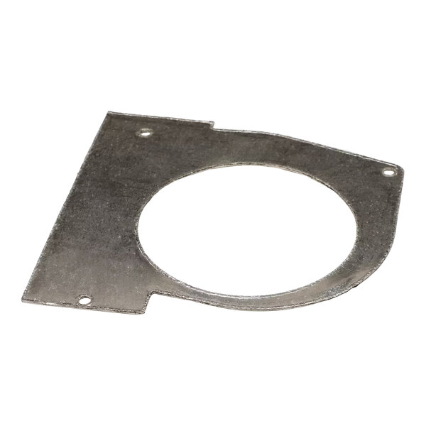 A flat metal gasket with a large central circular opening and three smaller mounting holes, designed for a draft inducer blower.