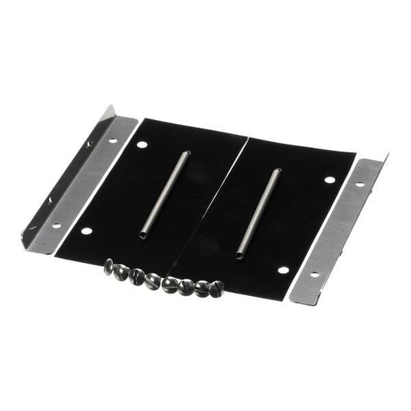A metal damper kit with two black panels, metal rods, and screws.