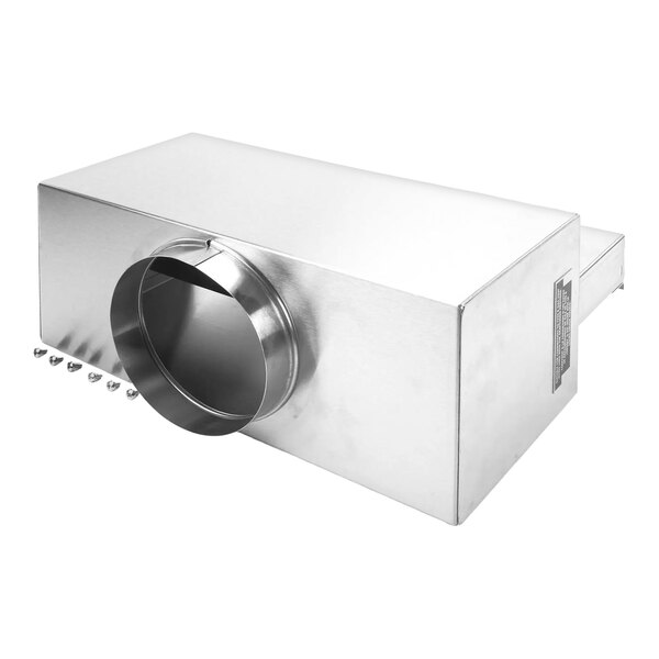 A rectangular metal drafthood with a circular vent opening and included screws.
