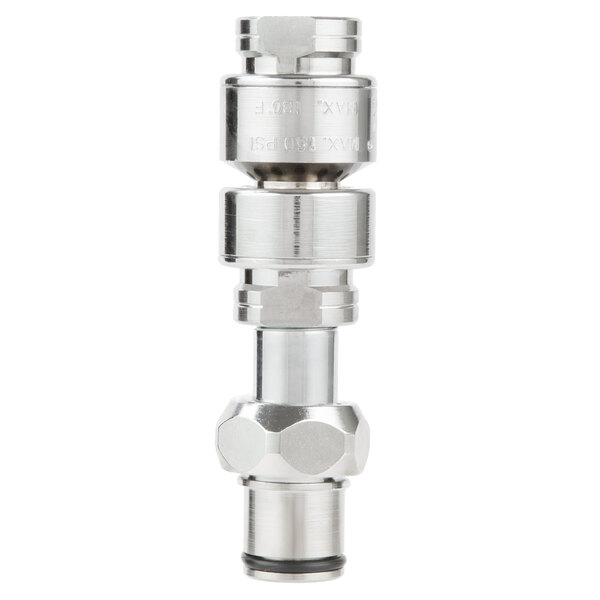 A close-up of a T&S stainless steel continuous atmospheric vacuum breaker.