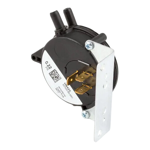 A round black pressure switch with two hose connectors, electrical terminals, and a metal mounting bracket.