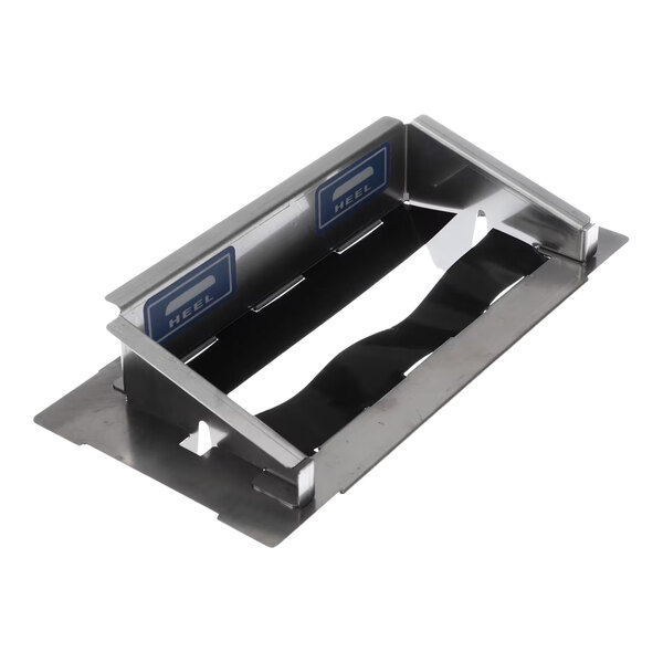 A stainless steel bun feeder for a commercial toaster, designed to hold and guide buns for toasting.