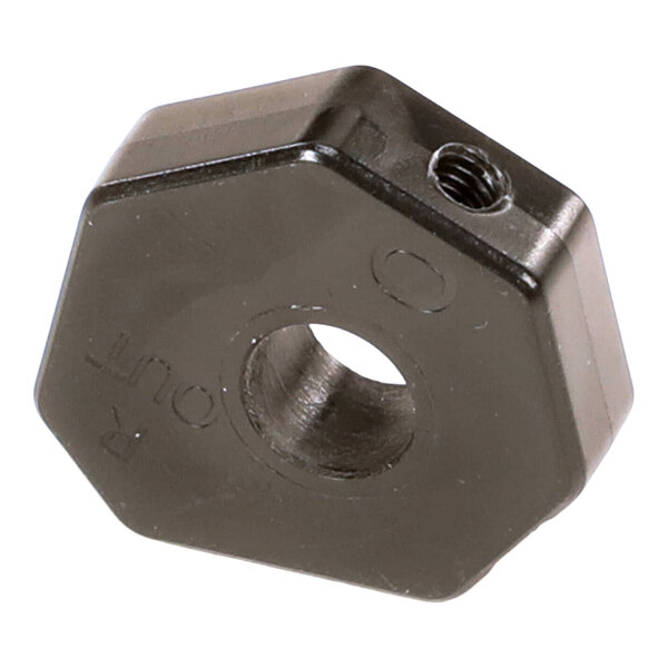 A black, octagonal cam component with a central hole and a threaded side opening.