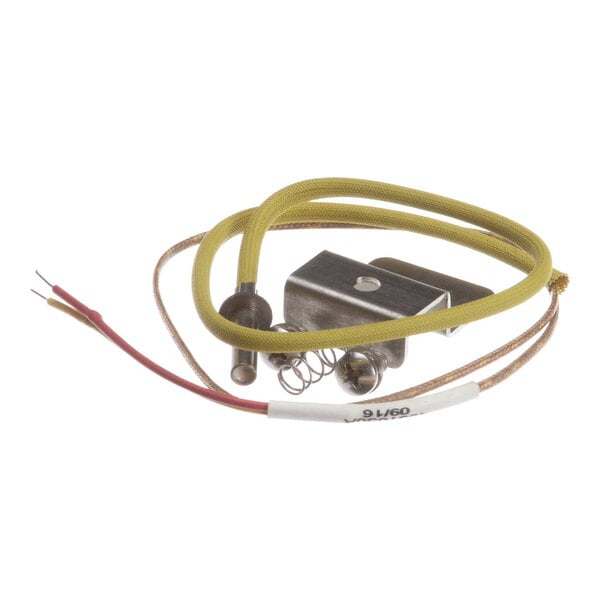 A thermocouple kit with wires, a metal sensor, and a spring, used for temperature measurement in equipment.