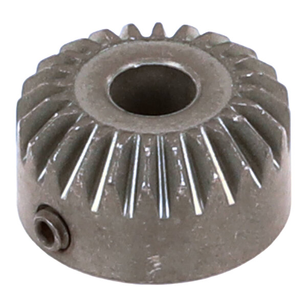 A metal miter gear with angled teeth and a central hole, used in mechanical assemblies.