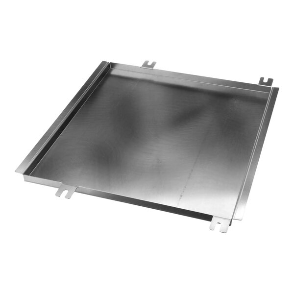 A square stainless steel bottom pan with raised edges and four mounting tabs.