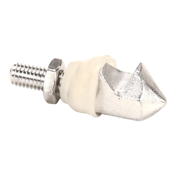 A metal door latch component with a threaded bolt and a pointed end, used for Blodgett ovens.