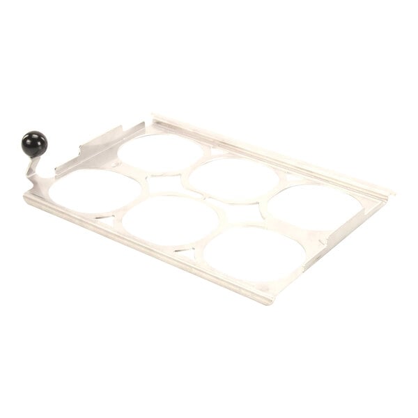 A metal 6-egg rack with circular cutouts and a black handle knob.