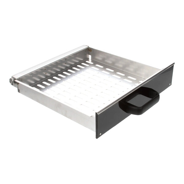 A metal drawer assembly with a black handle and vented bottom panel.
