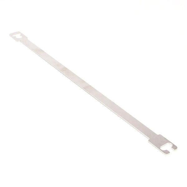 A flat metal bracket with notched ends, used as a release sheet bracket.