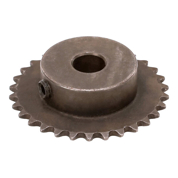 A metal sprocket with a central bore and evenly spaced teeth around the edge.