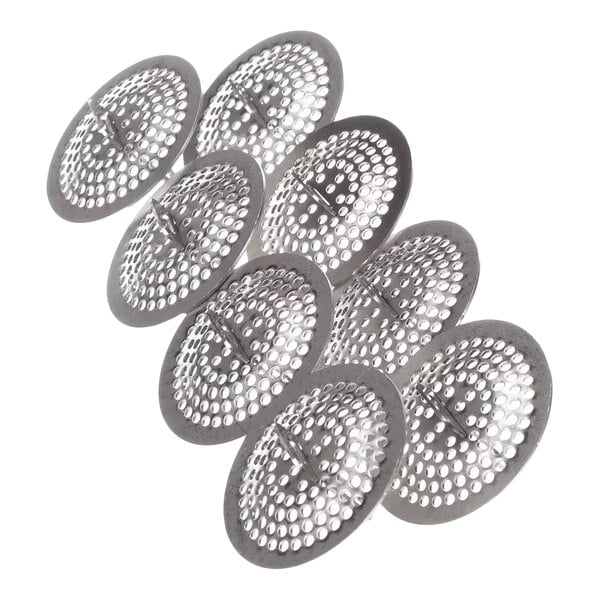 A set of round metal drain covers with perforated holes and a central support bar.