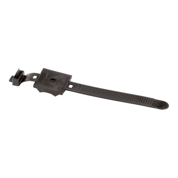 A black plastic cable tie with a locking mechanism and a ridged strap.