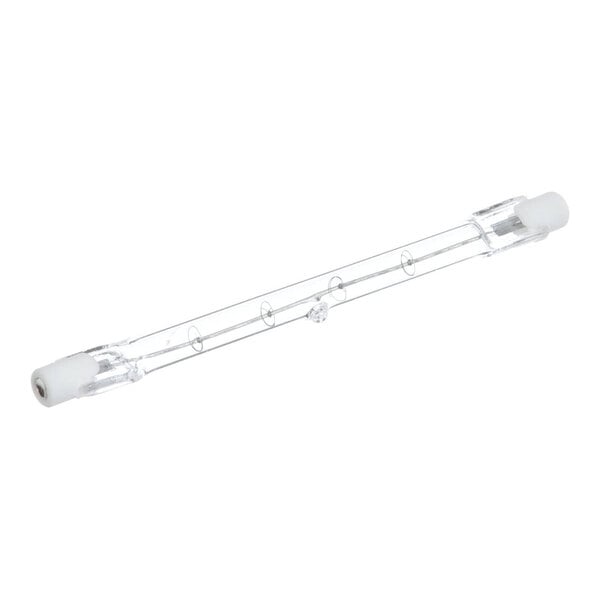 A clear halogen lamp with white end caps, designed for 120V and 100W use.