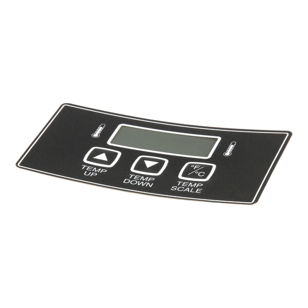 A black control panel label with buttons for temperature up, temperature down, and temperature scale, along with a display screen.