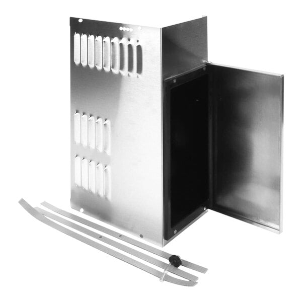 A metal enclosure with vented sides and an open hinged door, accompanied by two metal straps and a fastener, identified as a plastic water tank accessory.