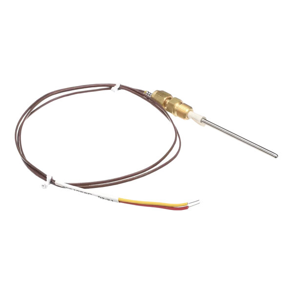 A thermocouple with a metal probe, brass fitting, and attached wires for temperature sensing applications.
