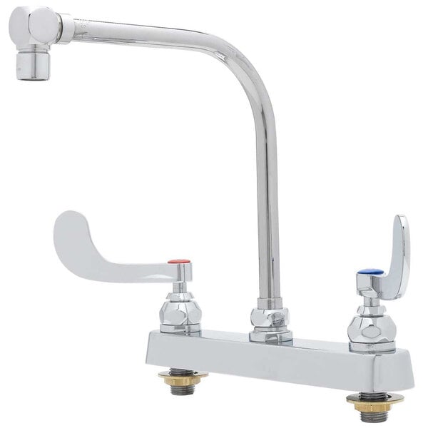 A chrome T&S deck mount faucet with two gooseneck faucets and lever handles.