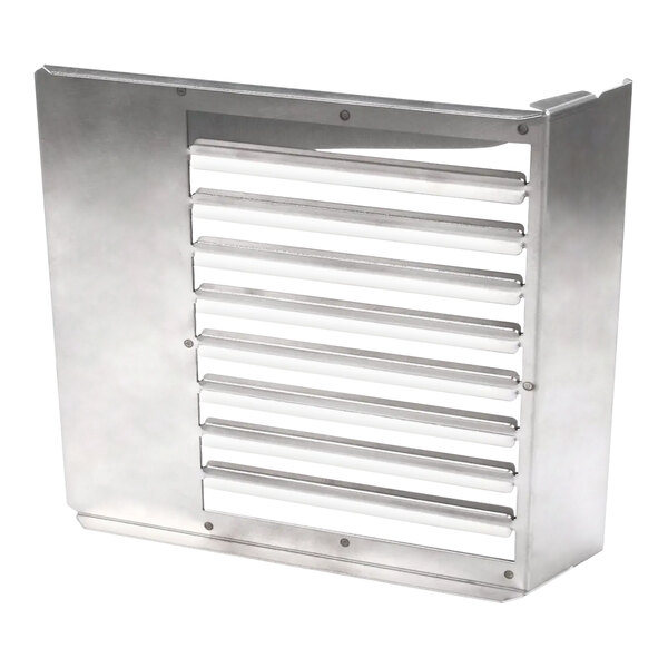 A stainless steel bun chute weldment with horizontal slots for dispensing buns.