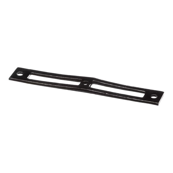A flat, rectangular metal gasket with two elongated slots and three screw holes, used for heating elements.