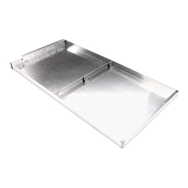 A rectangular metal grease drawer assembly with raised edges and a divider in the center.