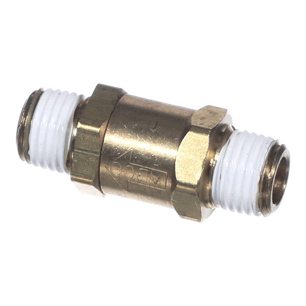 A brass check valve with threaded male ends and white sealing tape, used for controlling fluid flow direction.