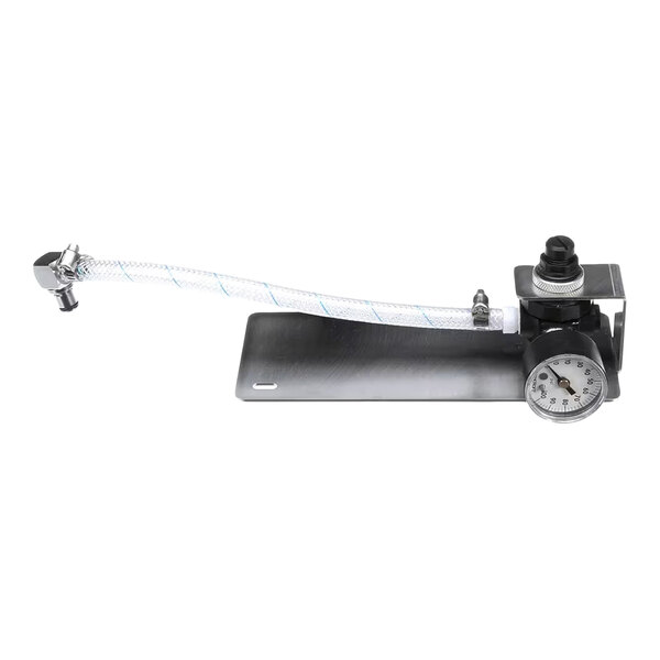 A water pressure regulator with a gauge and hose attachment.