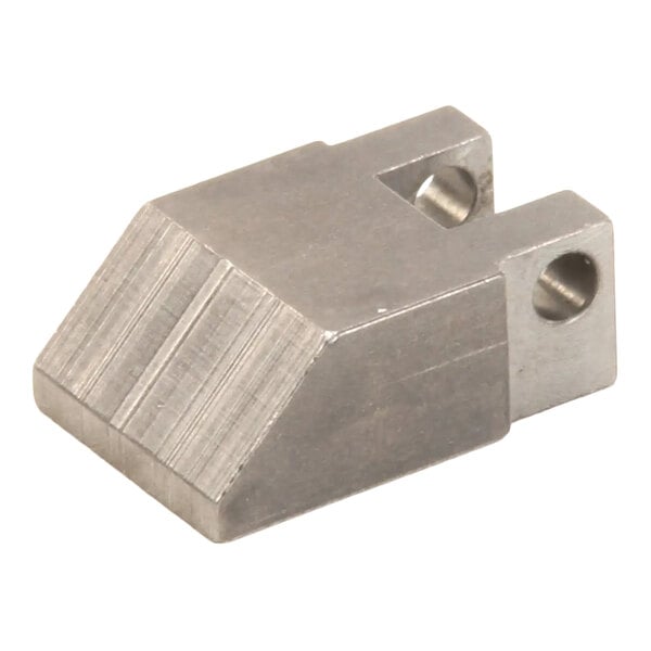 A metal locking pawl component with a slanted front and two holes for mounting.