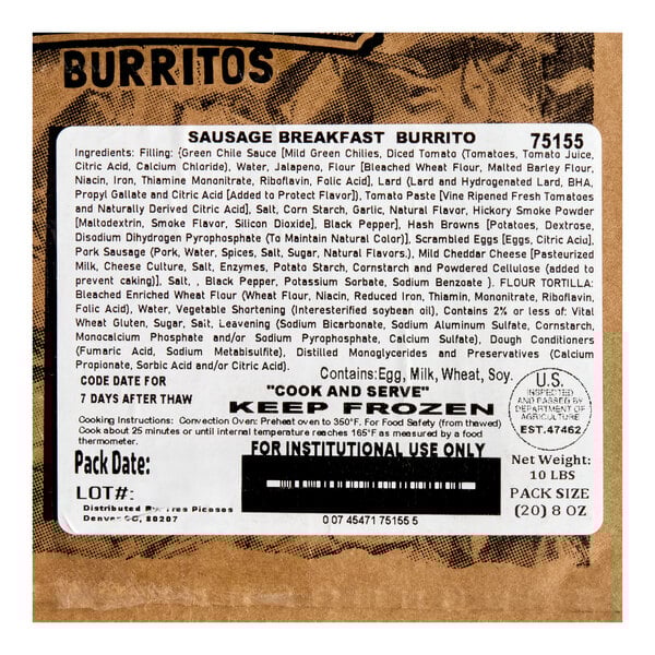 A package label for Tres Picosos foil-wrapped sausage breakfast burritos, 8 oz. each, sold in a case of 20.