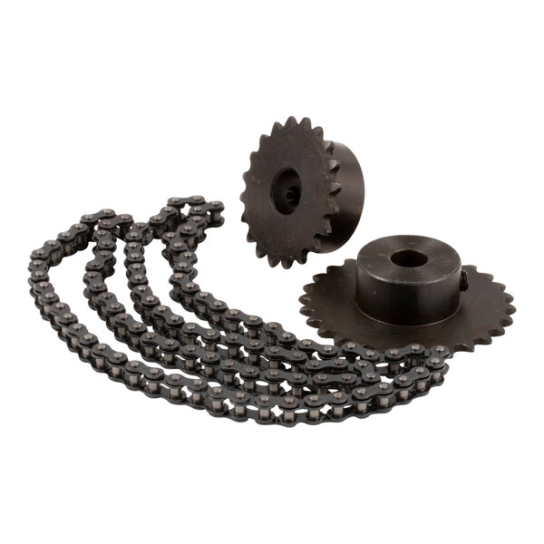 A chain and sprocket kit consisting of two metal sprockets and a metal chain.