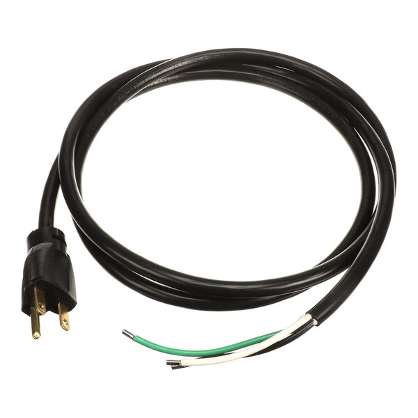 A black power cord with a three-prong plug on one end and three exposed wires on the other end.