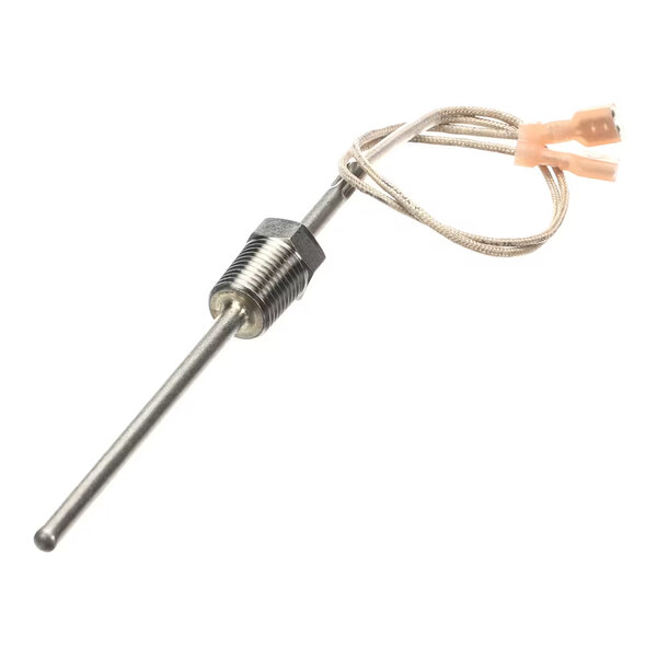 A metal temperature probe with a threaded fitting and attached wires, used for industrial or commercial equipment.