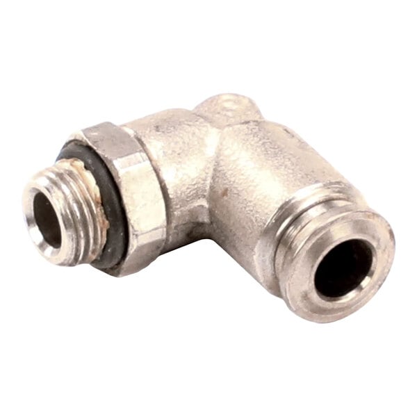 A metal 90-degree elbow fitting with threaded ends, used for connecting pipes or tubes.