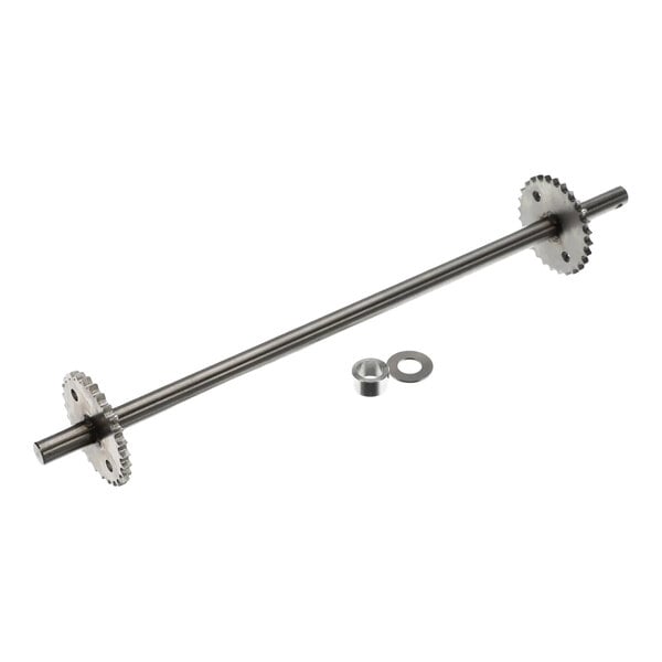 A metal drive shaft kit with two gears and additional small components.