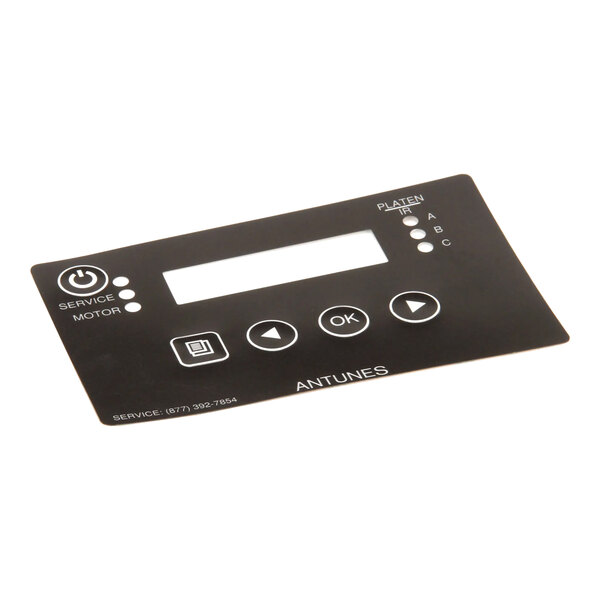 A black Antunes control panel label with button icons and a display window.